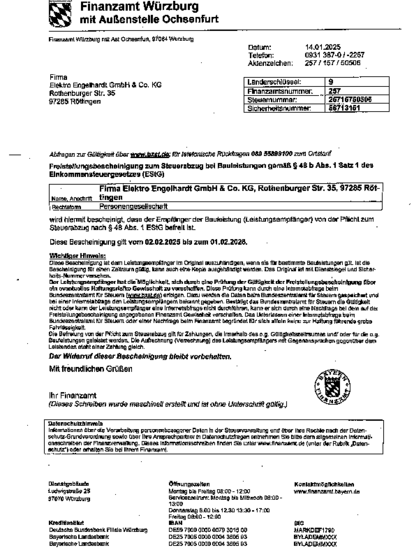 Freistellungsbescheinigung bei Elektro Engelhardt GmbH & Co. KG in Röttingen